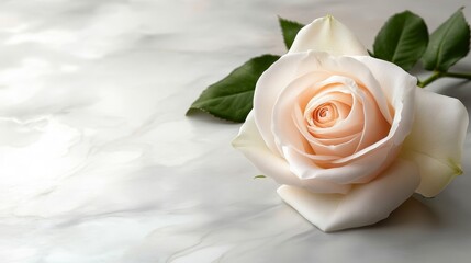 A delicate peach rose rests on a smooth marble surface, symbolizing beauty and elegance.