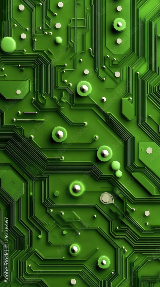 Poster detailed shot of a green circuit board highlighting various electronic components and connections. t