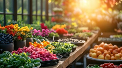 Vibrant Display of Fresh Fruits and Vegetables in a Market During Golden Hour, Showcasing Nature's Bounty and Colorful Produce in a Bustling Environment