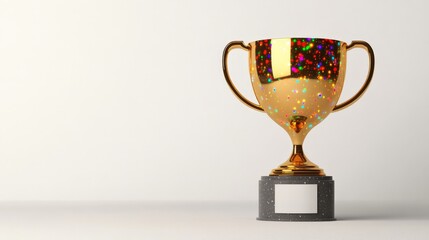 Golden Trophy on a Pedestal: A gleaming, gold trophy sits proudly on a black pedestal, its surface shimmering with intricate details. The trophy's classic design symbolizes achievement, success.