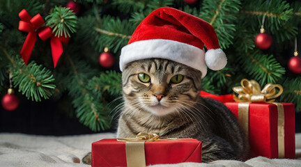 Obraz premium Christmas Cat with Santa Hat and Festive Decorations, gift box on the background of a Christmas tree