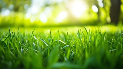 A close-up view of lush green grass illuminated by sunlight in a serene outdoor setting.