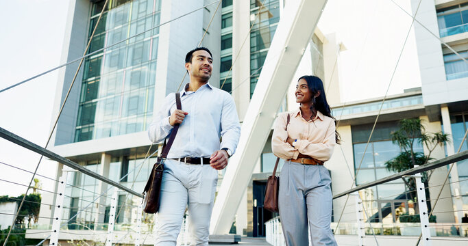 Man, woman and smile in city with outdoor, morning commute and travel for business trip. Walking, attorney and lawyer intern with New York opportunity, confidence and excited for advocate job