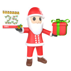 3D Santa Claus Holding December 25 Calendar and Gift – Transparent Background