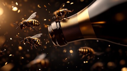 Golden Bees and Champagne Bottle: A Luxurious Celebration