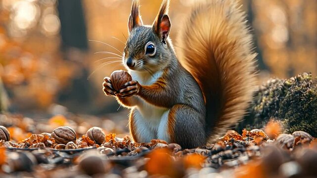 A squirrel gathering nuts, with the woodland blurred in the background to emphasize the creature activity. VDO 4k ProRes