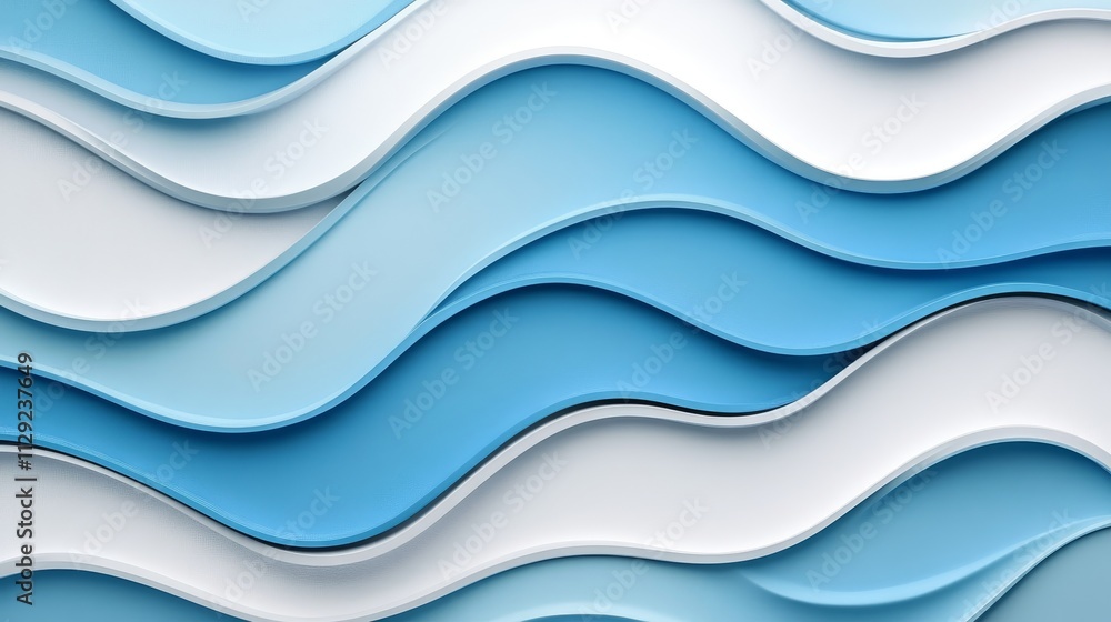 Poster abstract wave patterns in blue and white tones, creating a fluid, dynamic visual effect.