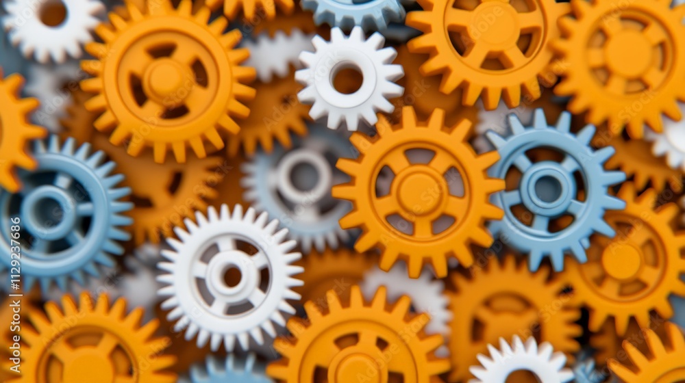 Poster interlocking gears: a vibrant pattern of gears in various sizes and colors, symbolizing the intricat