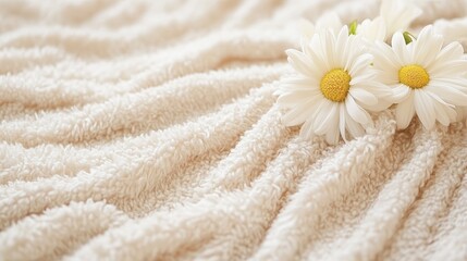 A soft, textured blanket with white daisies, evoking a cozy and serene atmosphere.