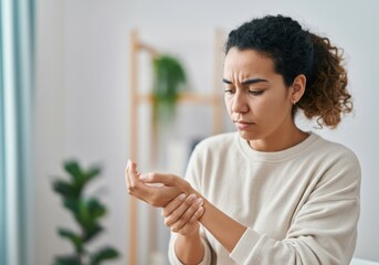 Woman suffering from wrist pain, showing symptoms of arthritis, carpal tunnel syndrome, or other medical condition