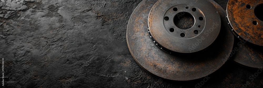 Fototapete brake pads and discs are presented on a dark textured surface, offering ample space for adding detai