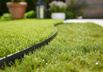 Close-up of black plastic lawn edging creating a clean division between sections of vibrant green grass in a well-maintained garden
