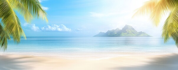Fototapeta premium Sunny tropical beach featuring palm leaves and a distant paradise island under clear blue skies
