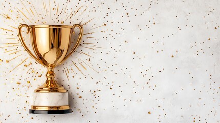 Golden Trophy Award: A gleaming, classic trophy stands proudly on a marble base, surrounded by a burst of celebratory gold confetti. This image embodies the essence of achievement, success.