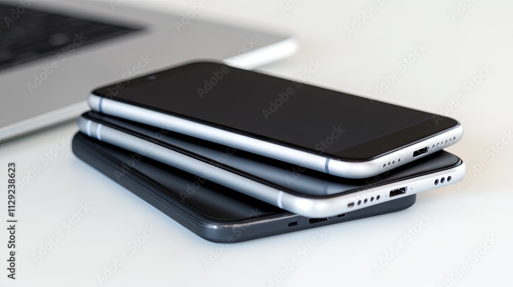 Poster three smartphones are neatly stacked with one black device at the bottom and two silver devices on t