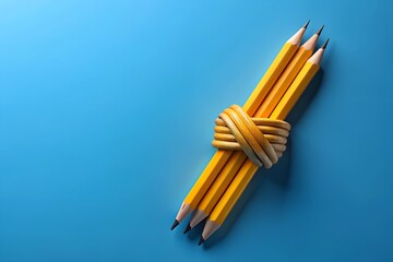 Fototapeta premium Pencil knot. A pencil tied in a knot and ordinary pencils on a blue background. Template Copy space for text. mockup. 3d render
