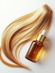 Naklejka premium Beautiful straight blond hair strand displayed artistically next to a bottle of oil on a white background