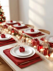A minimalist Christmas dinner table with festive decor and soft candlelight, ideal for mockups and holiday designs