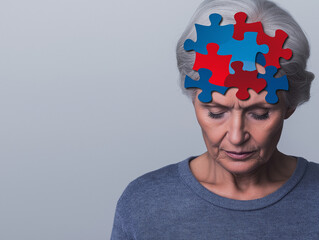 Memory Puzzle: An elderly woman with puzzle pieces on her head, symbolizing memory loss and cognitive decline. A poignant image for Alzheimer's awareness and dementia research.