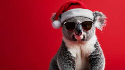 Merry Christmas concept holiday vacation winter animal pet greeting card - Cool Koala Bear with sunglasses and santa claus hat, isolated on red background