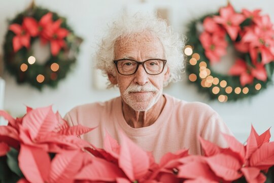 National Poinsettia Day Celebration Senior Man Arranging Festive Florals in Storefront Display - Christmas, Hanukkah, New Years - Powered by Adobe