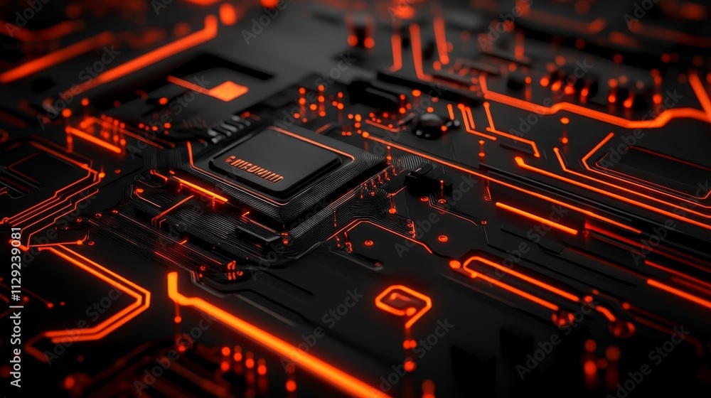 Poster a close-up view of a circuit board with glowing orange lines and a central processing unit.