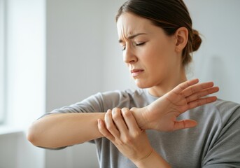 Fototapeta premium Young woman holding her painful wrist, suffering from arthritis, carpal tunnel syndrome or osteoporosis