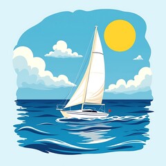 Naklejka premium Sailboat on a Calm Blue Ocean Under a Sunny Sky