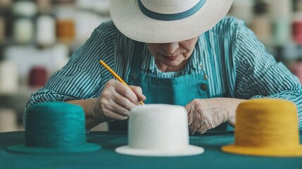 Senior Woman Craftsperson Painting Hat Millinery Handmade