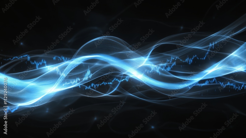 Poster ethereal blue waves and light trails on abstract dark background