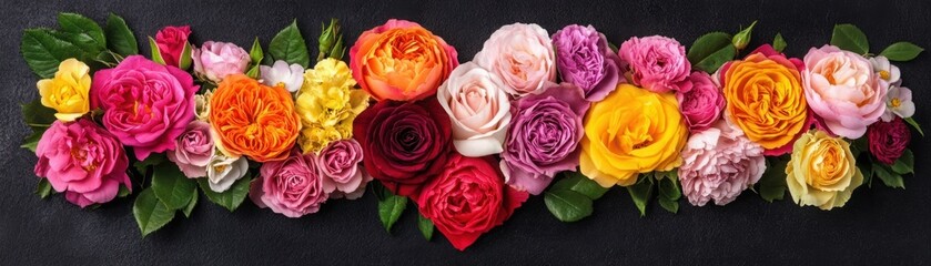 Obraz premium Colorful Floral Arrangement Featuring Various Roses and Green Leaves on a Dark Background for Elegant Design and Decoration Purposes