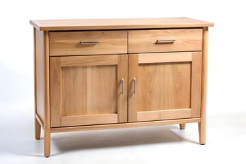A wooden commode featuring two spacious drawers and an enclosed cabinet stands alone against a white backdrop, showcasing its clean lines and natural finish