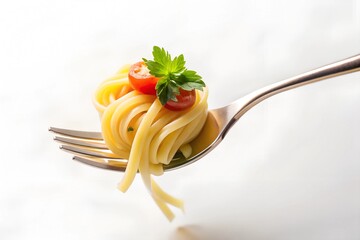 A fork elegantly holding a twirl of pasta stands against a white background, showcasing a simple yet inviting presentation of Italian cuisine perfect for home dining
