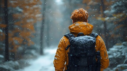 A man wearing a yellow jacket and a black backpack is walking through the snow