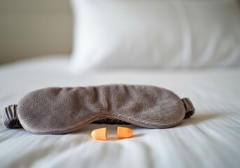 Gray sleeping mask and orange earplugs are lying on white bedsheets, promoting a peaceful and restful night's sleep