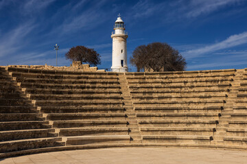 Paphos, Pafos, Hafenstadt, Zypern, Archaeologischer Park, römisches Theater mit Leuchtturm im...