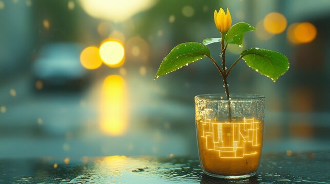 Vibrant neon-lit cyberpunk office interior with blurred details and tech overlays representing corporate strategies in finance, marketing, and technological growth