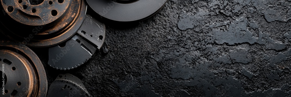 Leinwandbilder Close-up view of used brake pads and discs resting on a dark, textured surface, featuring space for personalized messaging or branding. Generative AI