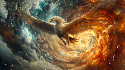 A majestic griffin in a swirling vortex of colors. Whirlpool. Illustration