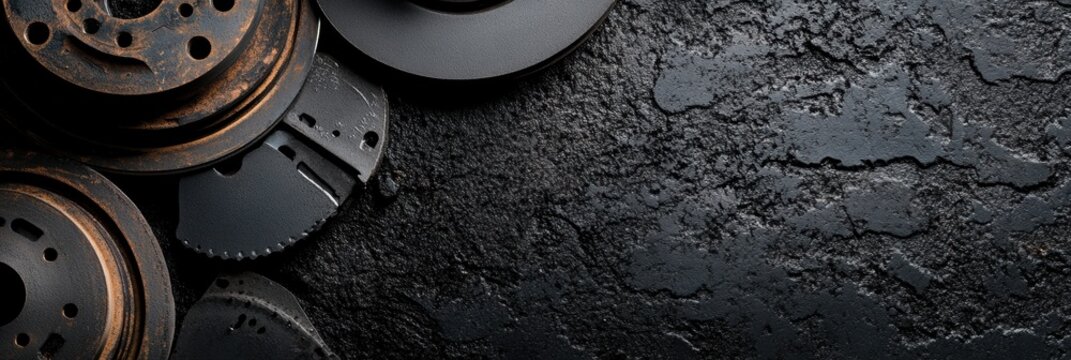Close-up view of used brake pads and discs resting on a dark, textured surface, featuring space for personalized messaging or branding. Generative AI
