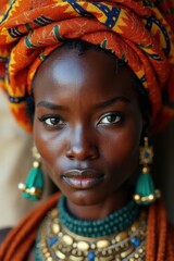 portrait of a young African woman with traditional tribal jewelry and a vibrant fabric headwrap