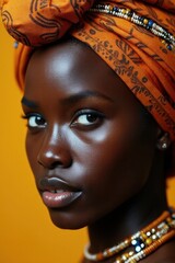 Artistic close-up of a young African woman draped in traditional tribal adornments