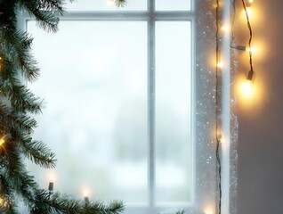 A frosted window with minimalist Christmas lights and garland, perfect for festive mockups and cozy holiday scenes