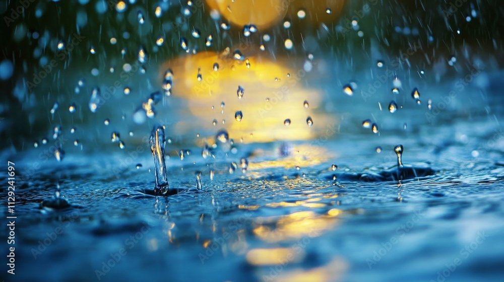 Poster close-up of raindrops splashing in a puddle with a blurred background.