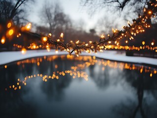 Fairy lights shimmer over a tranquil winter pond