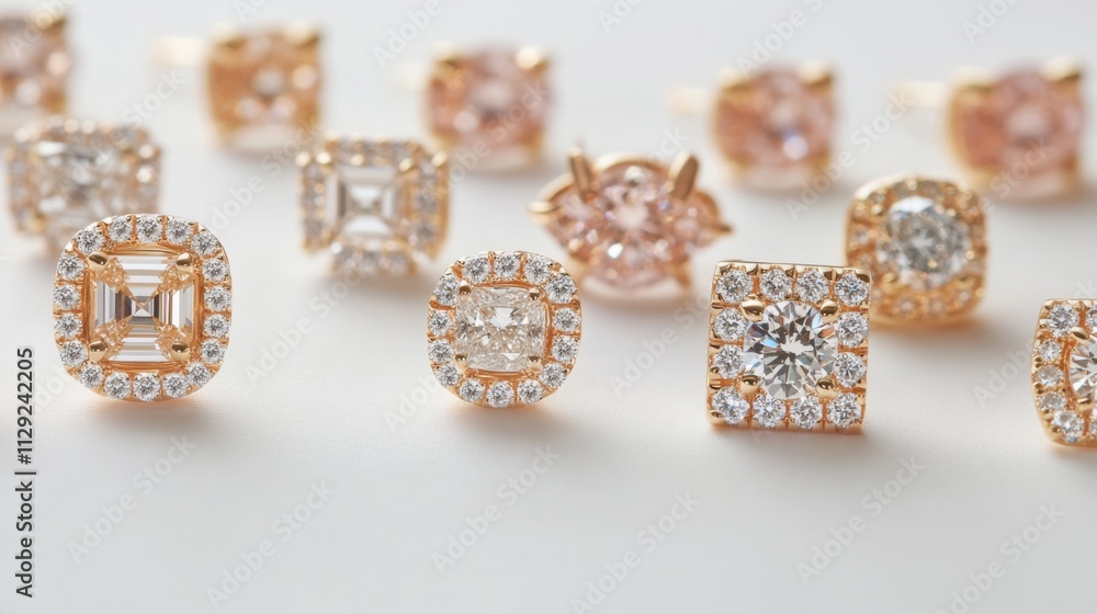 Poster elegant rose gold rings with sparkling gems on soft background