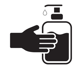 Hand Washing Icons with Disinfectant Liquid Soap. Black and White Icons. Hygienic Procedure, Disease Prevention. Antiseptic. Vector illustration