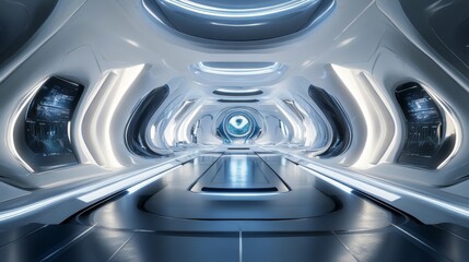 Fototapeta premium A futuristic corridor with sleek lighting and a central focal point.