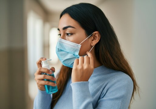 Young woman adjusting her protective face mask and holding a bottle of hand sanitizer