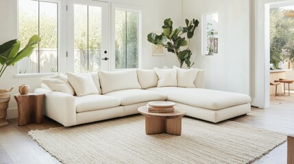 Minimalist living room with sectional sofa and area rug